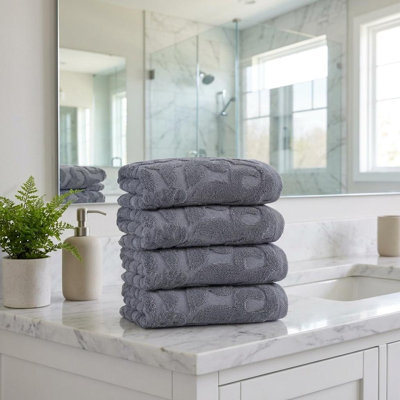 Ensemble de quatre serviettes de toilette grises à motifs floraux en coton turc, 40 x 75 cm
