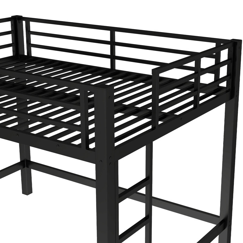 Lit mezzanine double en métal noir avec garde-corps, échelles doubles, cadre et espace inférieur pour un petit bureau, Full