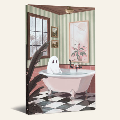 Art mural sur toile avec fantôme blanc dans une baignoire sur pattes rose