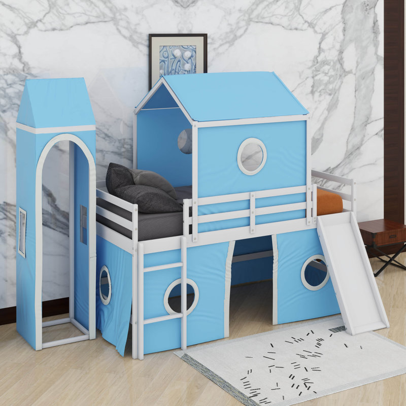 Lit mezzanine simple avec glissade et tour, Bleu