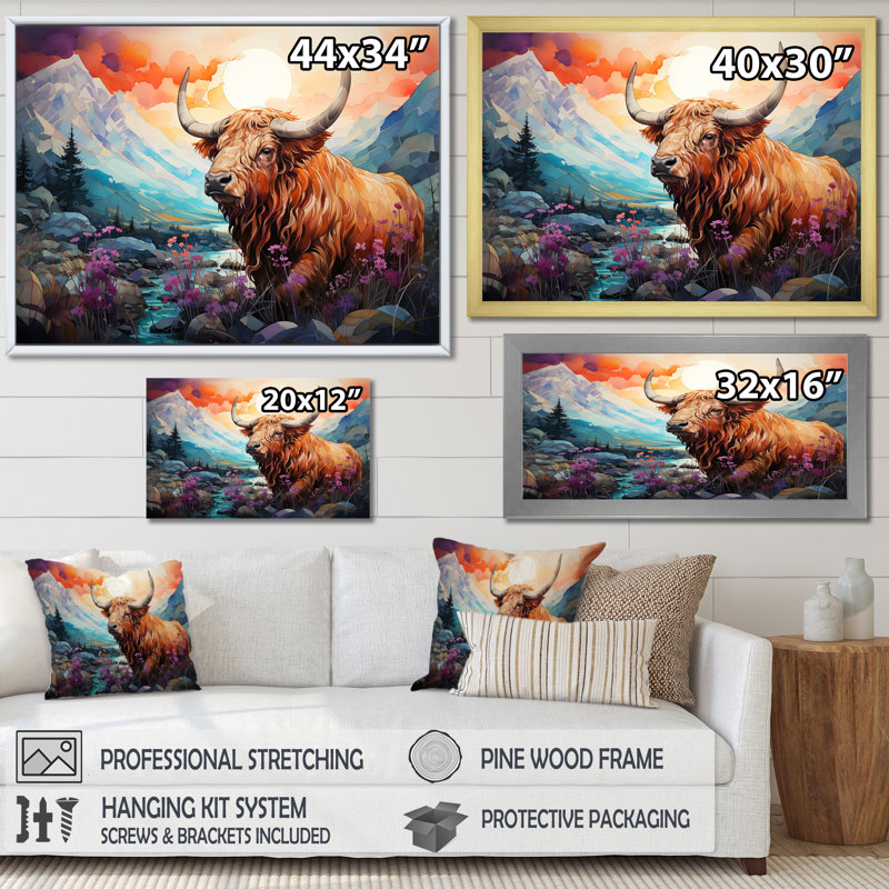 Yak Pastel Wilderness Territory sur toile, Cadre simple noir, H 12 po x l 20 po x P 1 po
