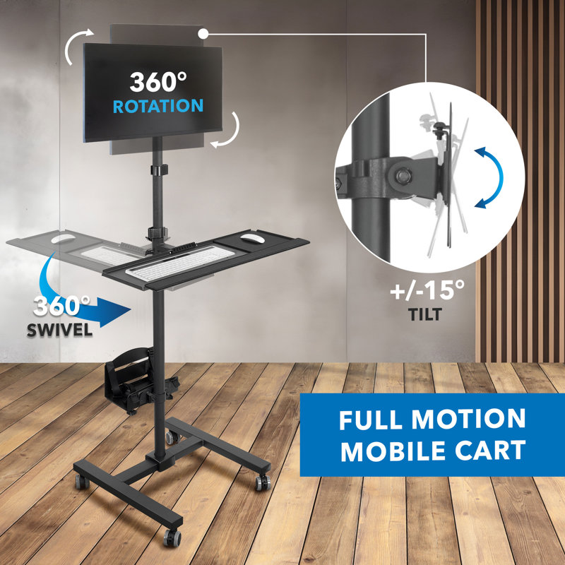 Black Height Adjustable Mobile Computer Cart with Monitor Mount and CPU Holder