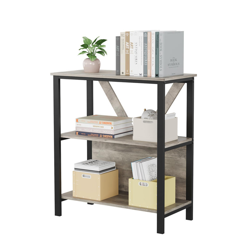 3 Tier Book Shelf with LED Lights, Grey Industrial Metal Display Book Case, Open Book Shelf Organizer, Tall Bookshelf, Heavy Duty Storage Bookcase for Bedroom Office Living Room, 2 PCS