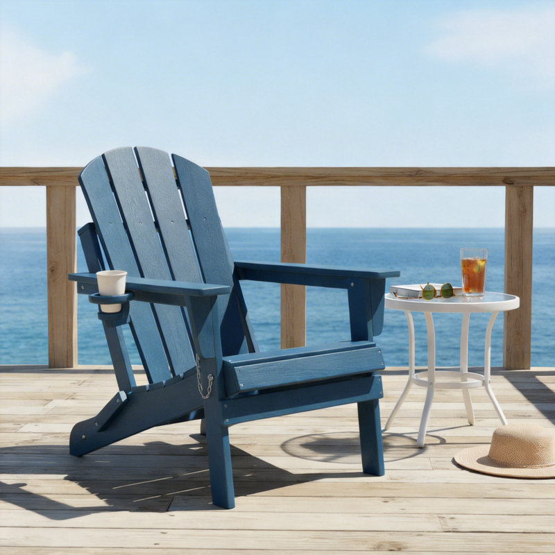 Navy Blue Wood Grain Composite Folding Adirondack Chair With Double Cup Holders, For Patio Gardens And Outdoor Relaxation.