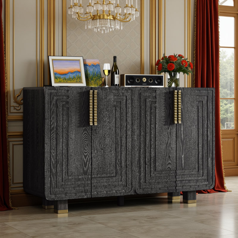 Buffet rétro à 4 portes avec tablettes réglables et pieds en bois massif, Noir