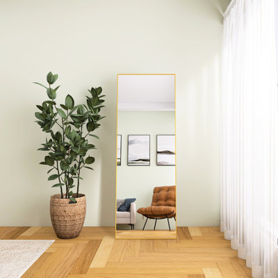 Miroir pleine longueur de 64 po x 24 po de hauteur, doré, verre HD, imperméable, incassable, facile à installer, pour le salon et le vestibule avec support, 5 mm de réflexion pure, suspension, salle de bain