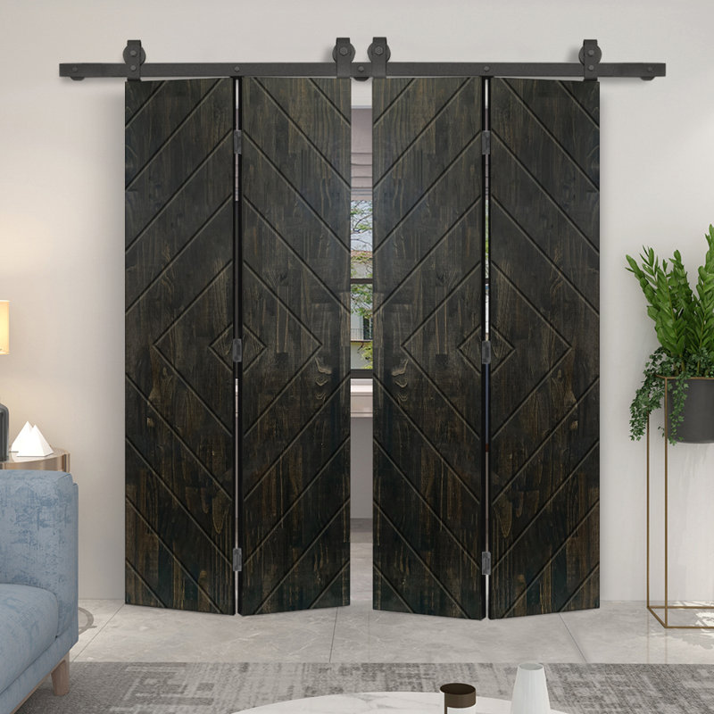 Porte de grange double pliante en bois de pin teinté avec quincaillerie coulissante, Noir anthracite, 56 po x 84 po