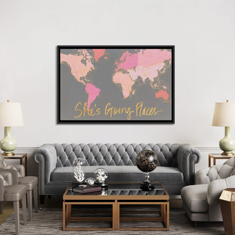Impression d’art graphique, "it’s going places" par Elizabeth Medley, Toile avec cadre noir, Pas de tapis
