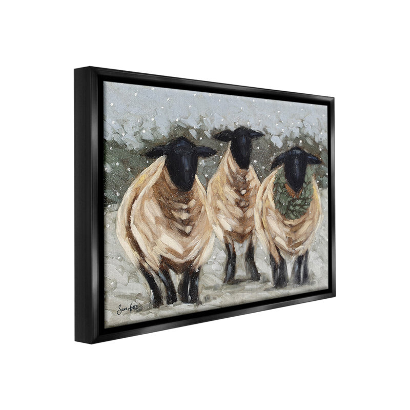 "Sheep In Winter Scene Floater Frame" par Sara G. Designs sur toile, Cadre flottant noir de jais, H 25 po x l 31 po