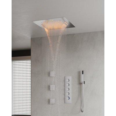 20" Ceiling-Mount LED Rainfall Shower System with Bluetooth Music, Handheld Sprayer & Thermostatic Valve