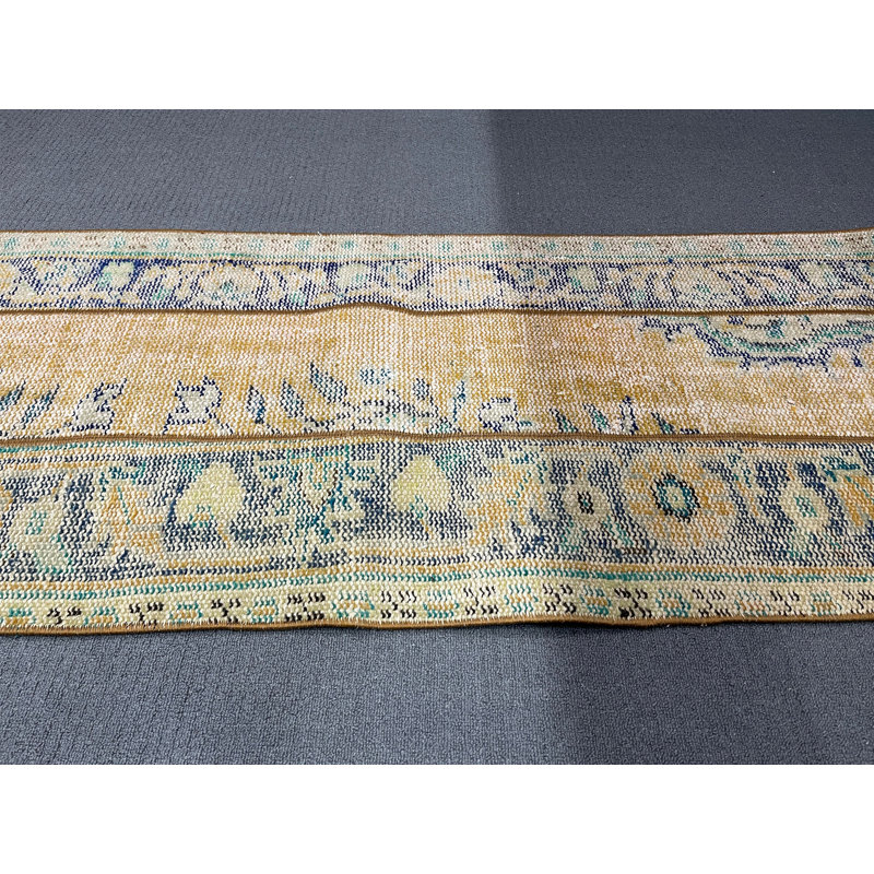 Vintage Wool Rug, 22.8x56.7 Inch Yellow Patchwork Rug