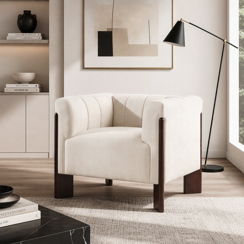 Chaise d'appoint en chenille avec dossier capitonné à canal vertical, accoudoirs ronds et pieds en noyer, Beige Chenille