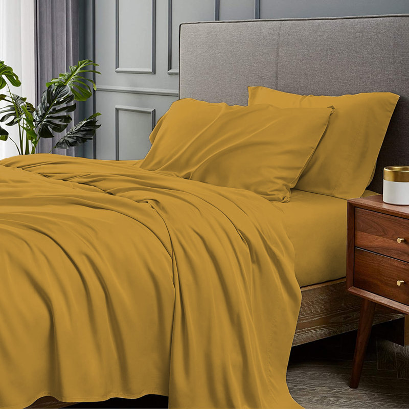 Ensemble de draps 4 pièces en rayonne de bambou, Ensemble de draps très grand californien avec 2 t, Moutarde dorée