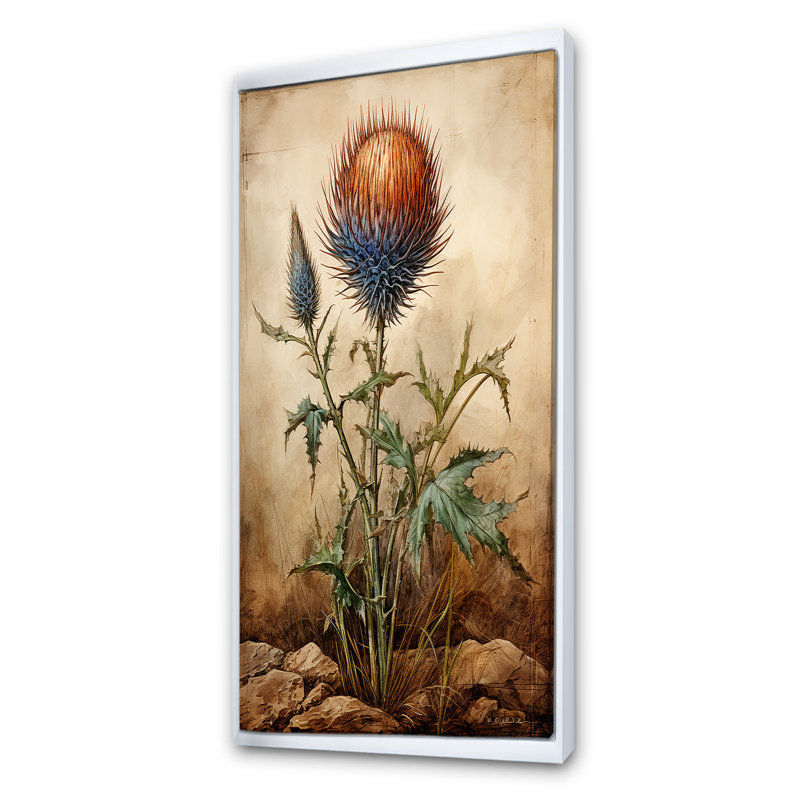 Art floral rétro chardon rétro 3 - chardon, Cadre flottant blanc, H 60 po x l 28 po x P 1,5 po