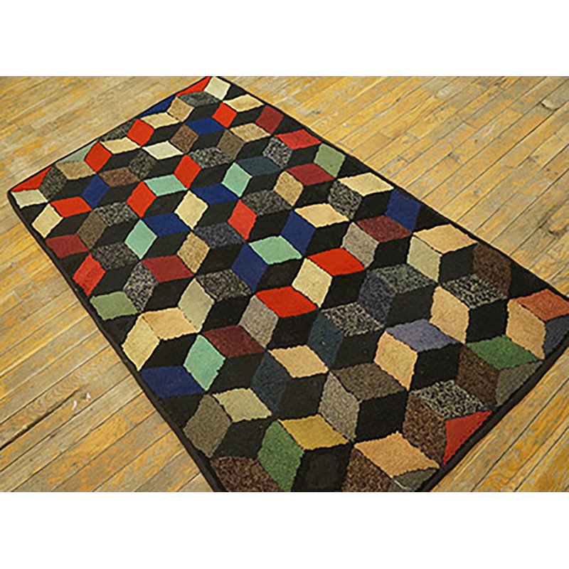 Small Antique Colorful Tumbling Block Pattern American Folk Art Hooked Rug