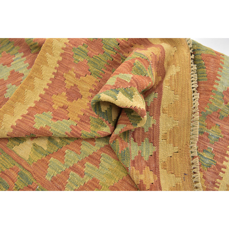 Tapis de zone en laine beige/vert 3 pi x 4 pi 6 po one-of-kind-noué la main Elland