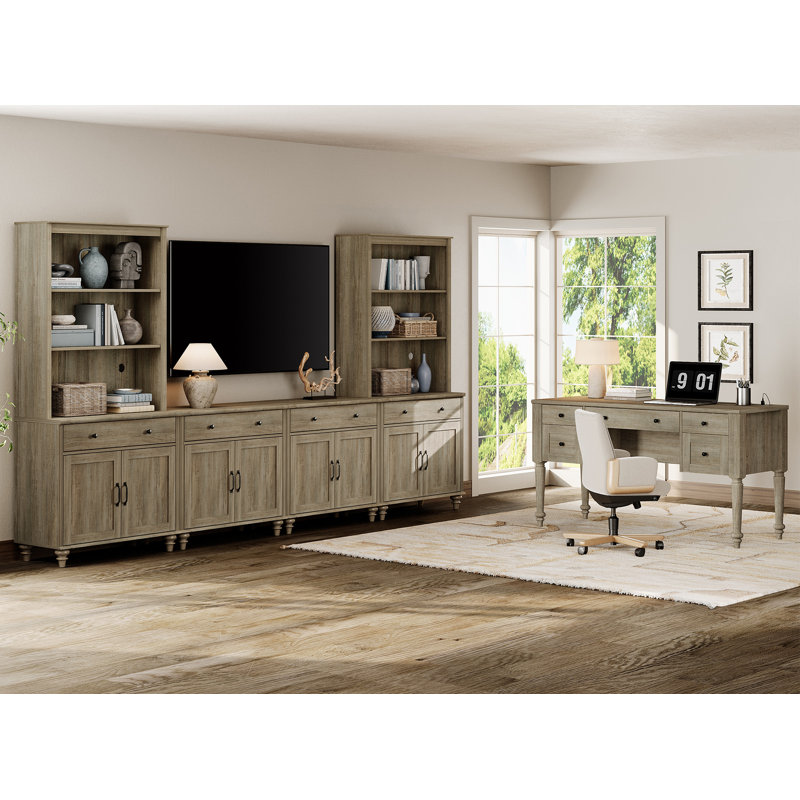 Living Room Table Set 56" Farmhouse Desk & 75" TV Stand With Bookshelves, Home Office Desk With Storage, Wooden Computer Desk With File Drawers For Home Office, Wash Grey