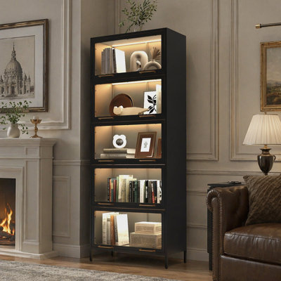 76.75 Inch Tall Iron Display Cabinet with Glass Doors, 5-Tier Steel Bookcase with LED Lights for Collectibles, Modern Style Curio Cabinet - Black