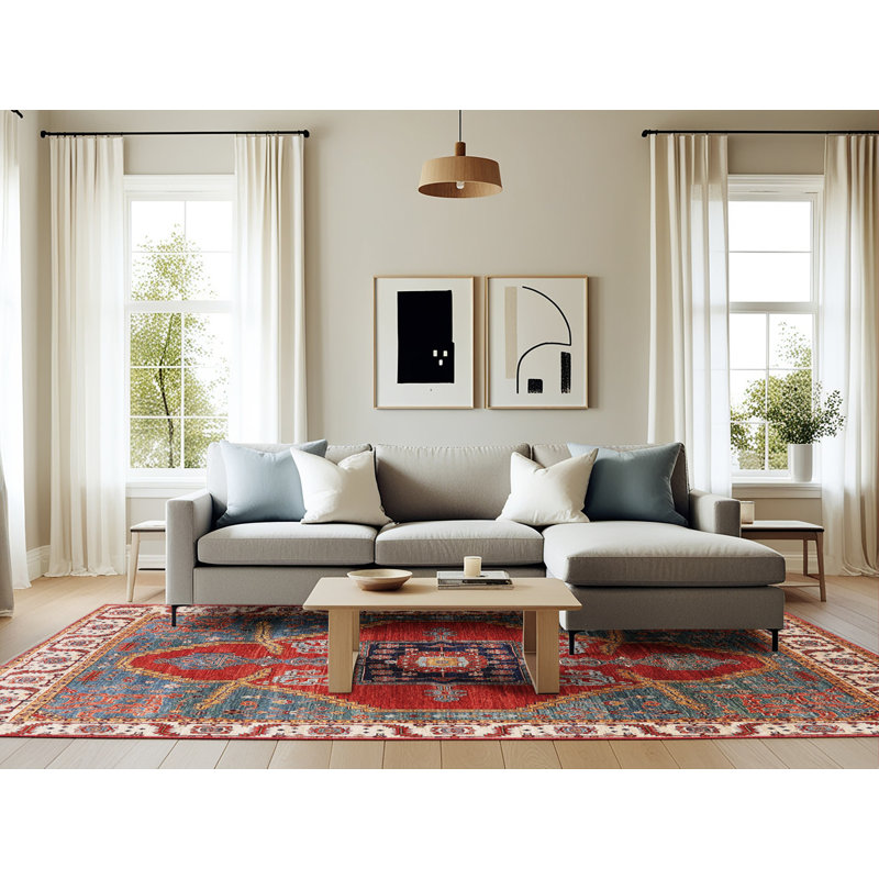 Tapis rouge / ivoire / bleu, Rectangle 6 pi x 9 pi