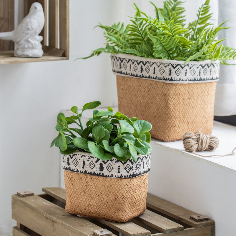 Set Of 2 Rectangular Basket Planters With Geometric Trim, L:10.5x8.5x8" S:7.5x5.5x6.5"