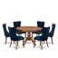 L'ensemble de salle à manger moderne de 7 pièces comprend une table ronde de 48 po au fini noyer antique, accompagnée de 6 chaises en polyester bleu marine avec un dossier élégamment capitonné.-507873346-507873352