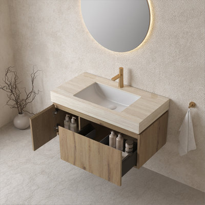 Meuble-lavabo mural avec lavabo, armoire de rangement avec tiroir et cadre en bois