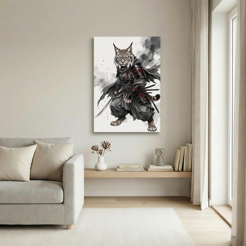 «Samurai Lynx in Black and White Ink Wash», art mural sur toile, H 18 po x l 12 po