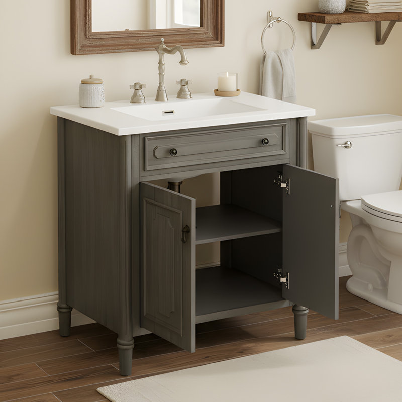 Meuble-lavabo 31 po avec lavabo en céramique, armoire en MDF et pieds en bois d'hévéa 31 po, gris