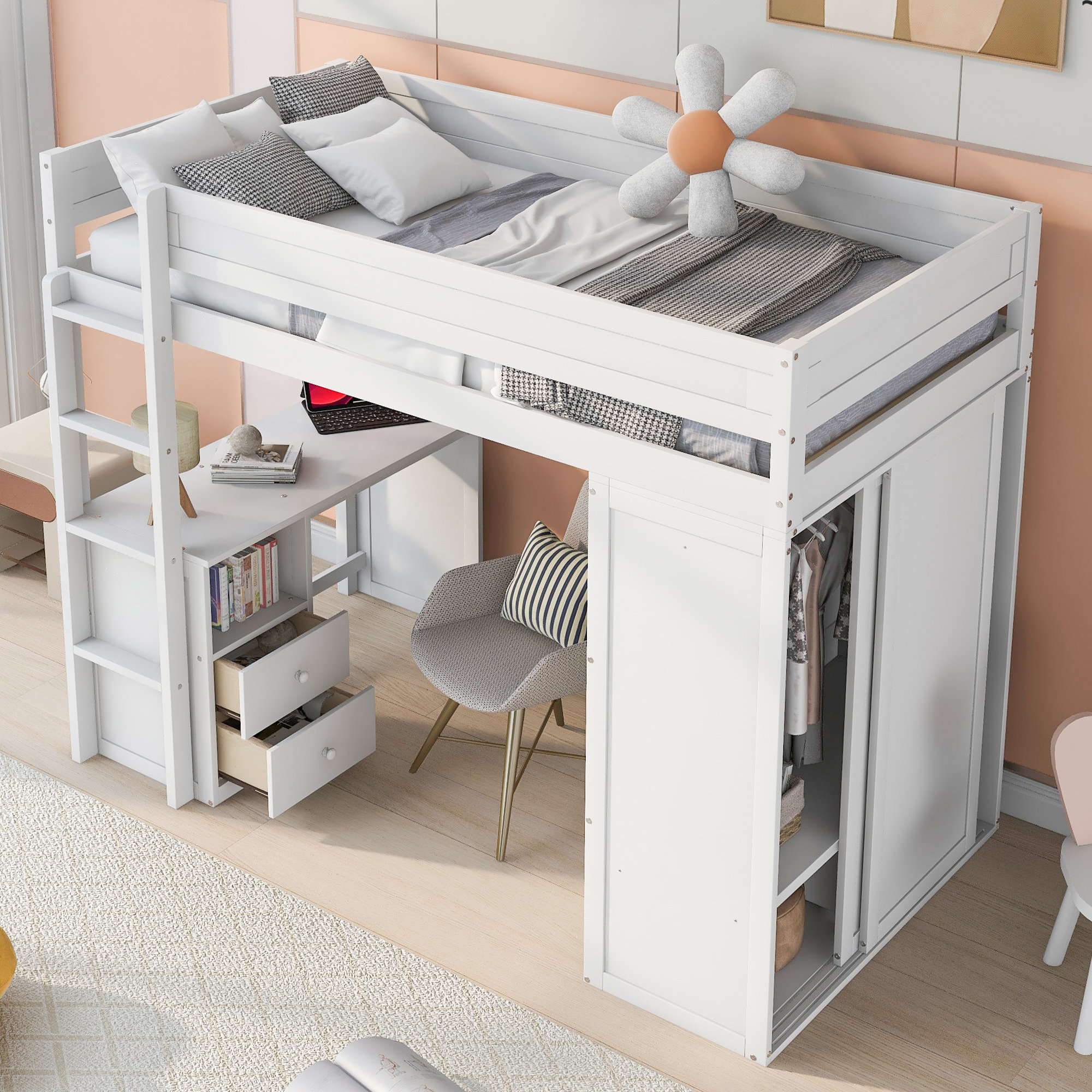 Harriet Bee Gladina Kids Loft Bed with Built-in Desk and Closet ...