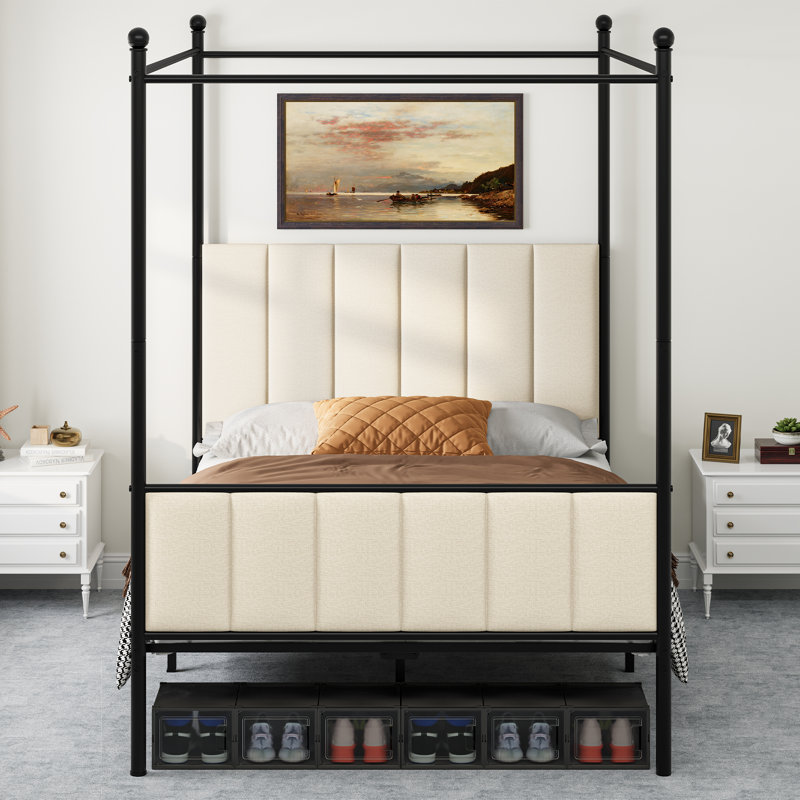 Upholstered Canopy Bed, Beige, Queen