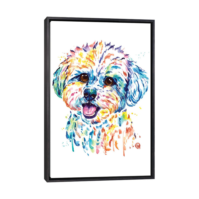 «Bichon» par Lisa Whitehouse - impression d'art graphique, H 26 po x l 18 po x 1,5 po, Toile avec cadre noir patiné
