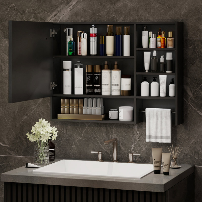 80x60CM Led Bathroom Mirror Cabinet, Bathroom Storage Cupboard With Towel Rack Adjustable Shelves, Black