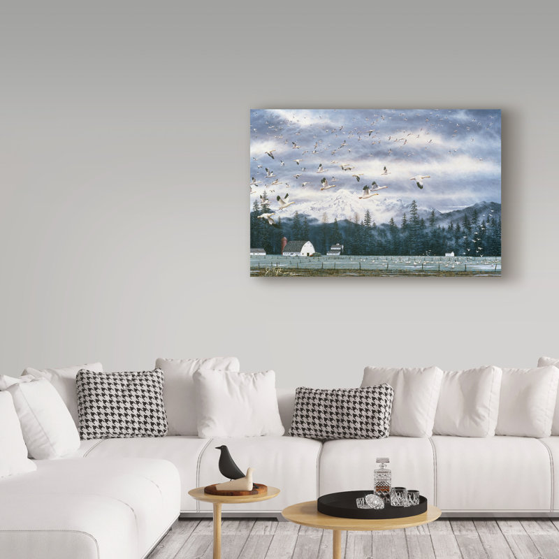 Oies de Fazulla volant au-dessus de terres agricoles - impression sur toile tendue, H 22 po x l 32 po x P 2 po