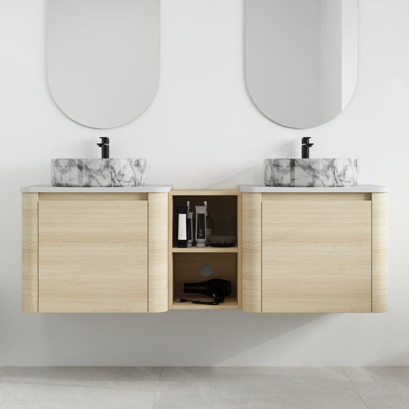 Ensemble de meuble-lavabo double 60 po avec lavabo en céramique et tablettes de rangement Greythor, ensemble de meuble-lavabo double 60 po avec plateau en pierre