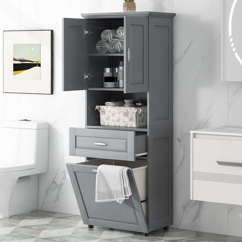 Grande armoire de salle de bain avec panier à linge, Gris
