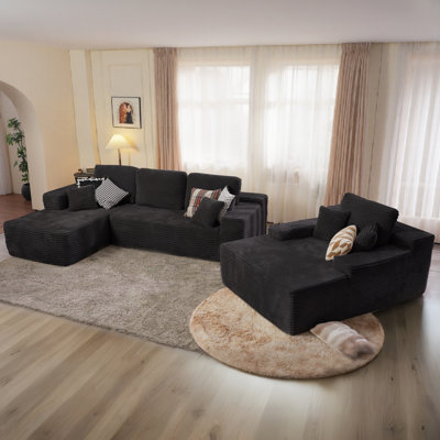 Ensemble de salon 3 pièces sans assemblage, canapé modulaire en velours côtelé moelleux avec causeuse et méridienne