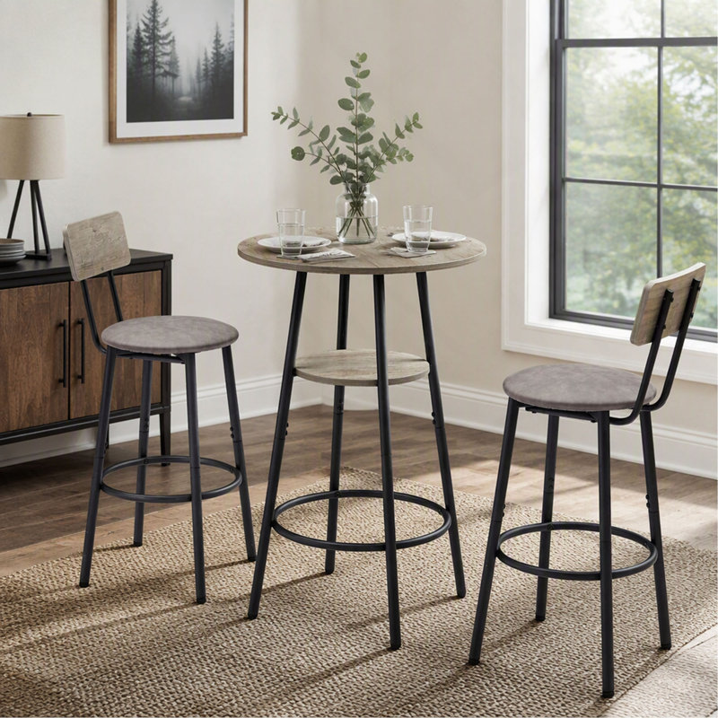 Ensemble de tabourets de bar ronds avec tablette, tabouret rembourré avec dossier, 60 cm L x 60 cm P x 90 cm H, Grey / Black