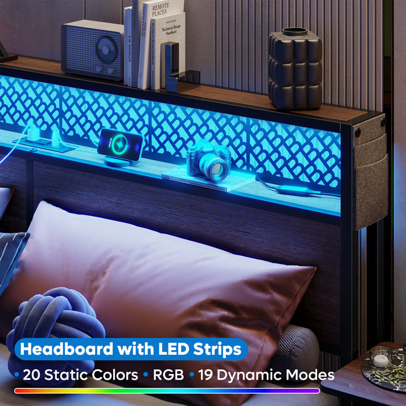 Full Size Walnut Metal Bed Frame with LED Storage Headboard