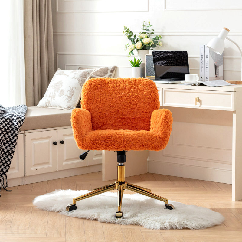Fauteuil de bureau orange, fauteuil de bureau en poils de lapin artificiel, avec base en métal doré, fauteuil de bureau pivotant réglable, fauteuil de coiffeuse