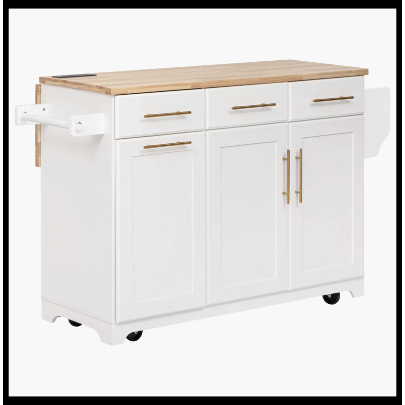 59.3" Rolling Kitchen Island With Rubber Wood Drop Leaf, 2 Pull Out Organizers, Trash Can Storage, Power Outlet, Spice & Towel Rack, White