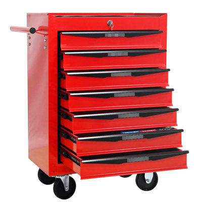 Chariot à outils pour atelier à 7 tiroirs, acier rouge et noir, finition thermolaquée, glissières à roulement, 4, coffre en acier à clé verrouillable de 20 po, glissières pour une utilisation facile, mouvement de roues universel, fonction de verrouillage
