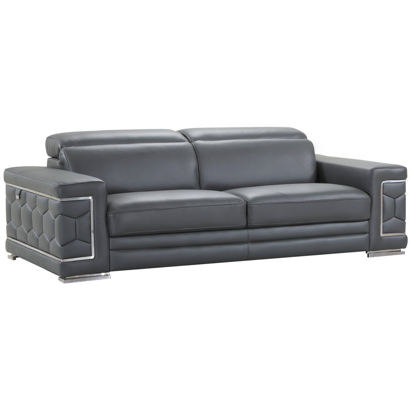 Canapé en cuir italien Aiesrom, Cuir véritable gris foncé, H 38 po x l 89 po x P 41 po