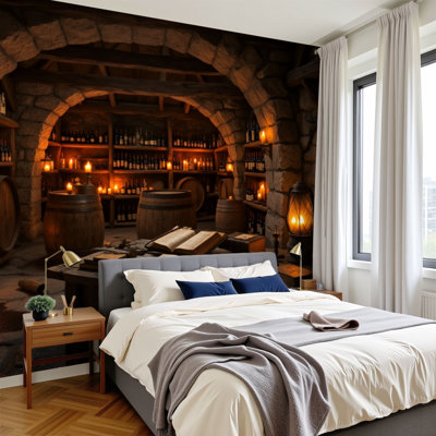 Peel and Stick Wallpaper Rustic Wine Cellar Wooden Barrels Candlelight Ambience Wall Murals 100"H x 144"W Removable PVC Wall Paper Self-Adhesive Wall Decor for Bedroom Living Room Home Office