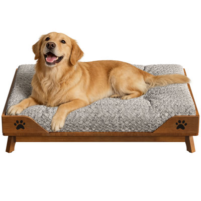Elevated Solid Wood  Dog Bed -24” x 19.3” Brown Pet Bed Frame with Soft Cushion Washable, Mid-Century Modern Raised Dog Sofa Bed for small Pets up to 95lbs,Durable Pet Furniture