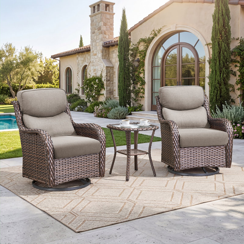 Fauteuil coulissant pivotant en osier avec coussins et table d'appoint Simle, Brun, Gris