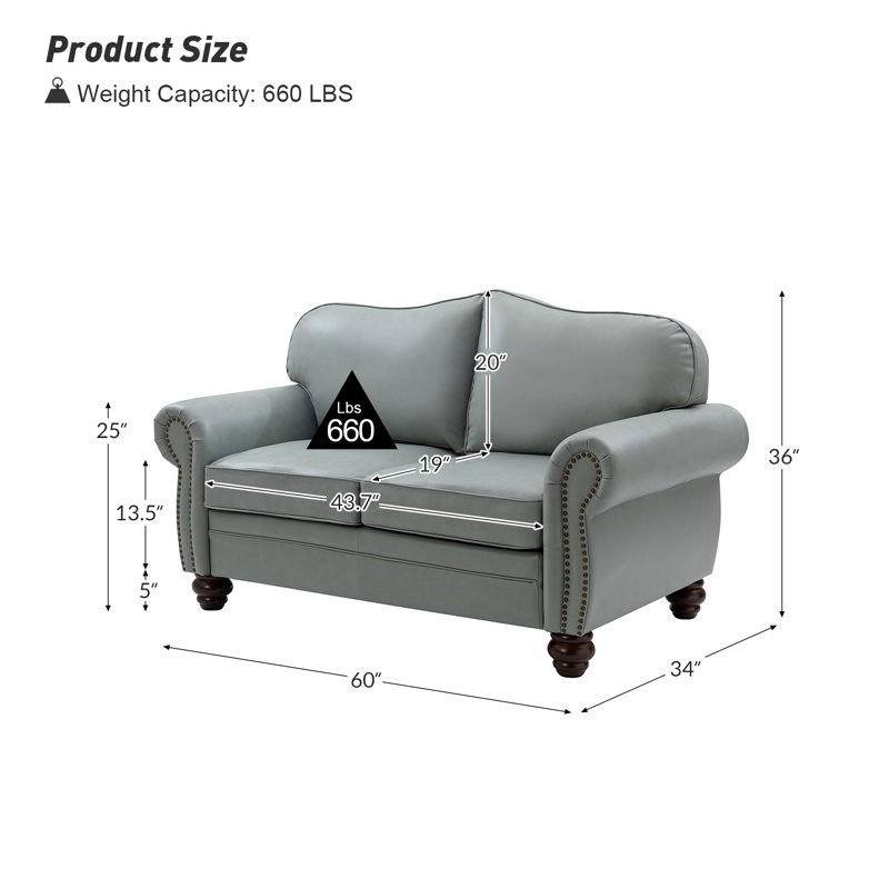 Lemuel 60" Genuine Leather Chesterfield Loveseat with Nailhead Trim & Rolled Armrests, Sage