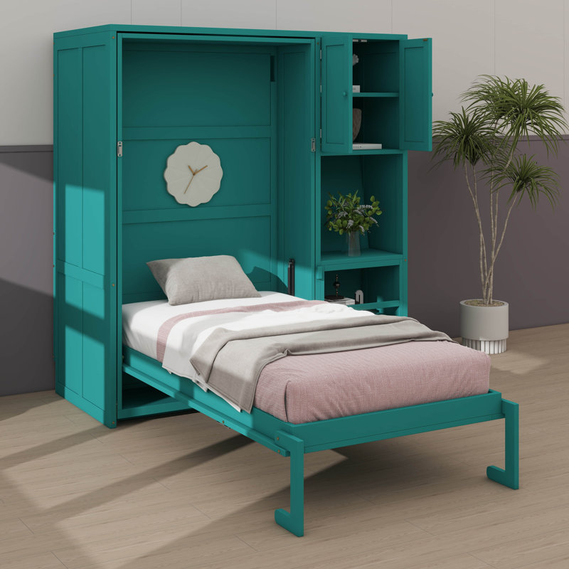 Lit escamotable mural simple avec bibliothèque, armoire supérieure, bureau extensible et rangement latéral, Sarcelle