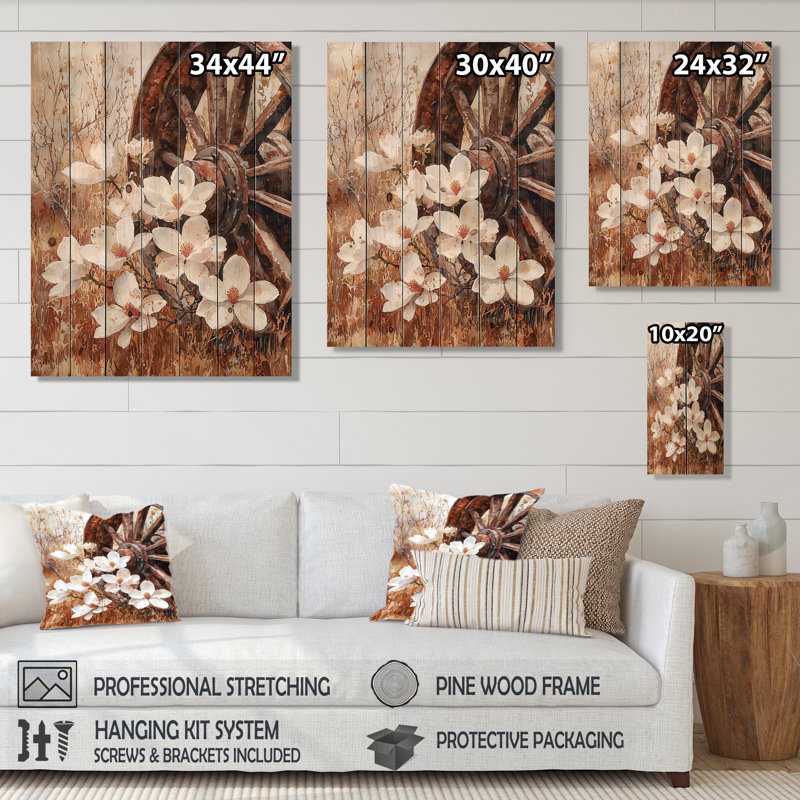 Magnolias By The Wagon Wheel I - Magnolias Wood Wall Decor - On Natural Pine Wood, 40" H x 30" W x 0.78" D