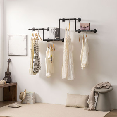 Industrial Pipe Clothing Rack With 2 Floating Shelves, 4 Hanging Rods Wall Mounted Garment Rack, Heavy Duty Iron Clothes Bar, Space-Saving Clothing Hanging Rails For Closet (4 Hanging Rods 2 Shelves)