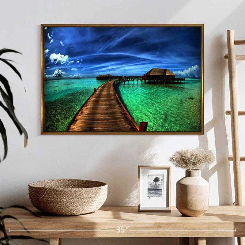 Maldives Bungalow Dock, 25 po x 17 po, Cadre flottant doré